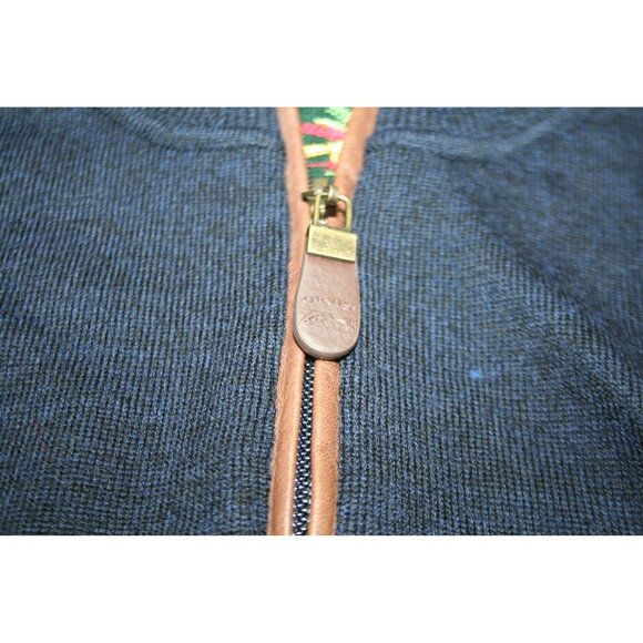 Orvis Merino Wool Quarter Zip Sweater Mens L Blue Leather Trim Heritage Luxury - Picture 3 of 6